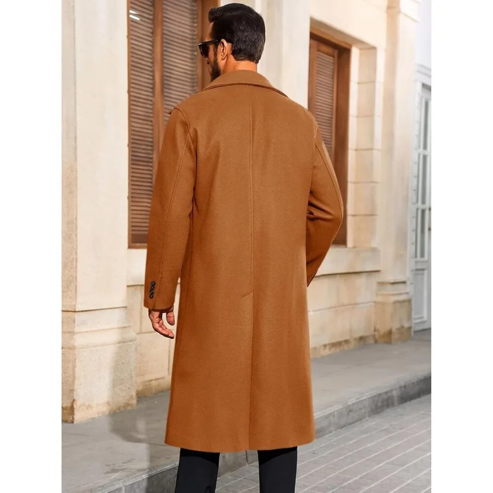 Men's Light Brown Long Trench Coat Single Breasted Casual Winter Warm Pea Coat